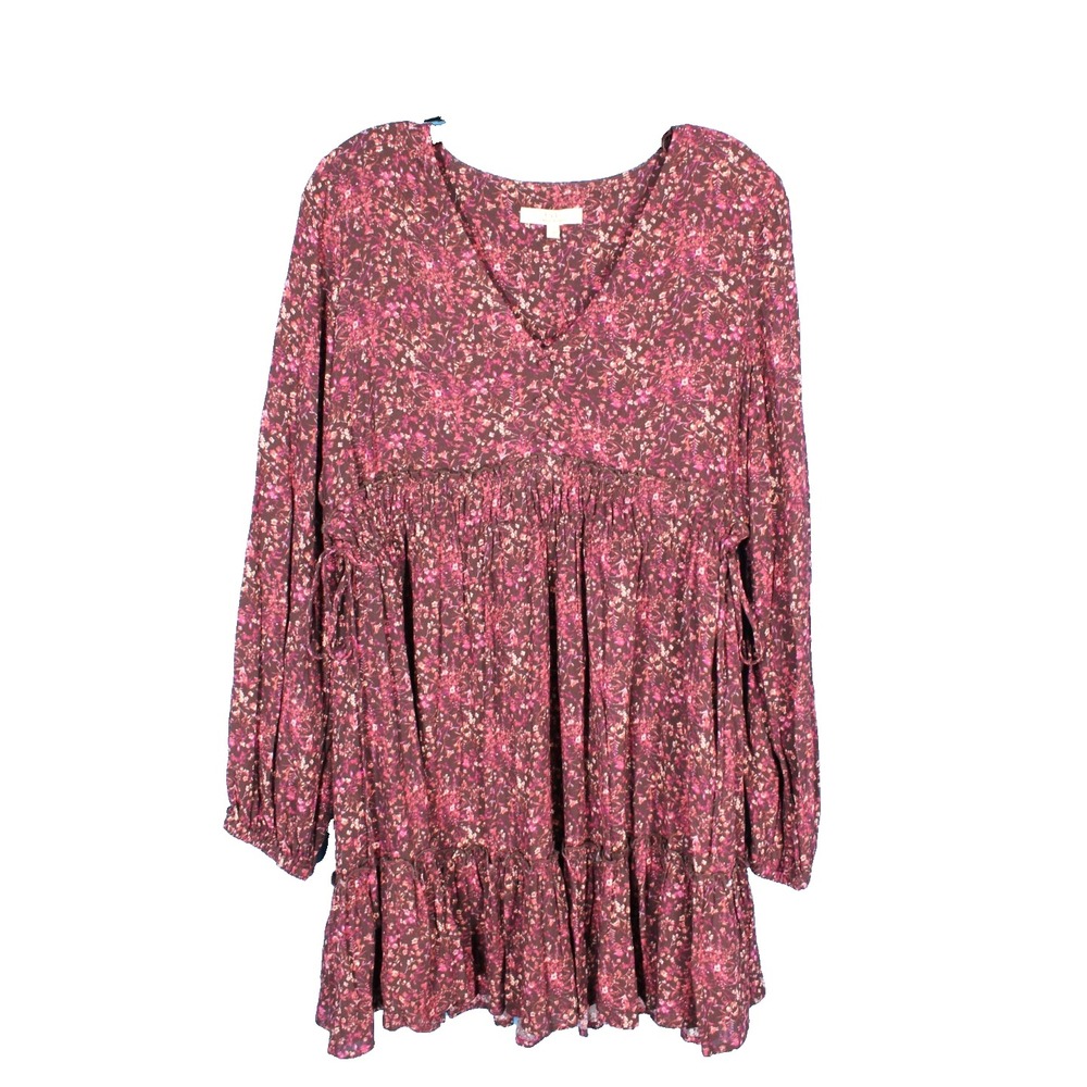 CHELSEA & VIOLET Maroon CREPE Tie Gathered Waist FLORAL PRINT Empire Dress Sz S